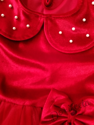 Детска кадифена рокля в червено с дълъг ръкав, тюл и якичка с перли 3