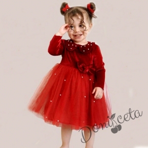 Детска кадифена рокля в червено с дълъг ръкав, тюл и якичка с перли 6