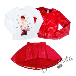 Комплект от 3 части - блуза в бяло с момиче,изрязана  кожена пола в червено и кожено яке