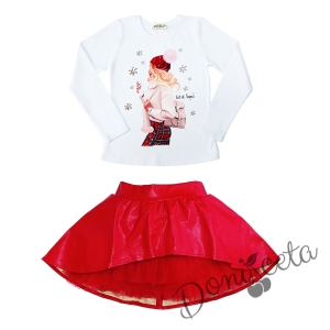 Комплект от блуза в бяло с дълъг ръкав с момиче и кожена пола в червено 