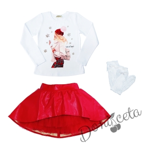 Комплект от блуза в бяло с дълъг ръкав с момиче, кожена пола в червено и чорапи