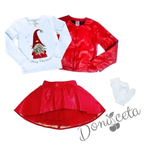 Комплект от 4 части - блуза в бяло с момиче,изрязана  кожена пола в червено , кожено яке и чорапи 878718981