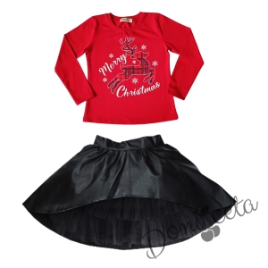 Комплект от 4 части - блуза в червено с момиче, изрязана  кожена пола в черно, кожено яке и чорапи в червено2