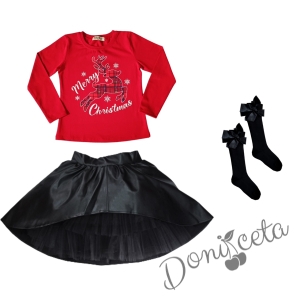 Комплект от 4 части - блуза в червено с момиче, изрязана  кожена пола в черно, кожено яке и чорапи в червено4