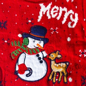 Детски коледен пуловер в червено със снежен човек  елен 2