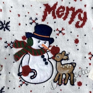 Детски коледен пуловер в бяло със снежен човек и елен 2