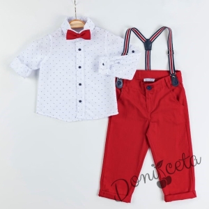 Коледен детски/бебешки комплект за момче от риза в бяло и панталони в червено с тиранти и папийонка 1