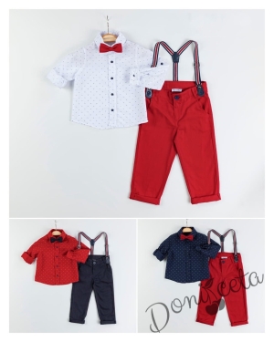 Коледен детски/бебешки комплект за момче от риза в бяло и панталони в червено с тиранти и папийонка 2