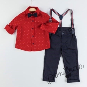 Коледен детски/бебешки комплект за момче от риза в червено и панталони в тъмносиньо с тиранти и папийонка 1