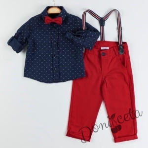 Коледен детски/бебешки комплект за момче от риза в тъмносиньо и панталони в червено с тиранти и папийонка 1