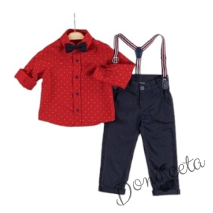 Коледен детски/бебешки комплект за момче от риза в червено и панталони в тъмносиньо с тиранти и папийонка