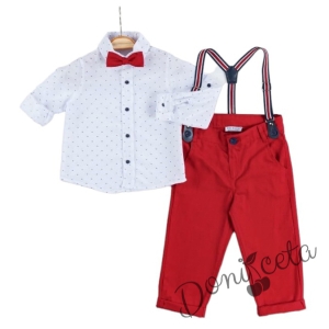 Коледен детски/бебешки комплект за момче от риза в бяло и панталони в червено с тиранти и папийонка