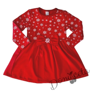 Коледна детска рокля в червено със снежинки