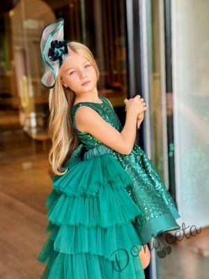 Официална детска рокля в зелено с блясък и шлейф на харбали Василиса1