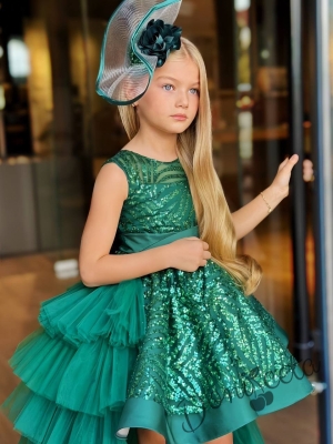 Официална детска рокля в зелено с блясък и шлейф на харбали Василиса2