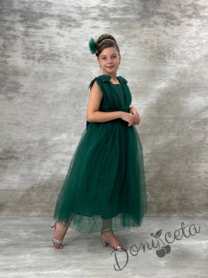 Официална дълга детска рокля в зелено с тюл Малисия