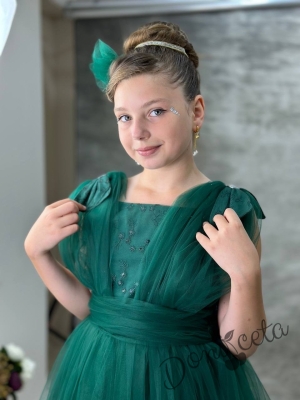Официална дълга детска рокля в зелено с тюл Малисия