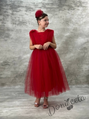 Официална дълга детска рокля в червено с тюл Малисия