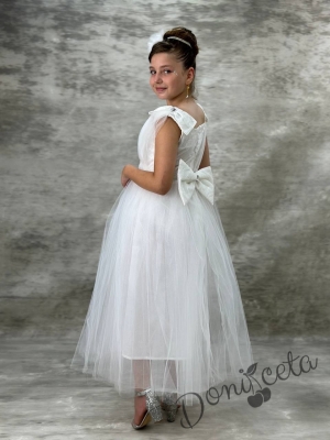 Официална дълга детска рокля в бяло с тюл Малисия