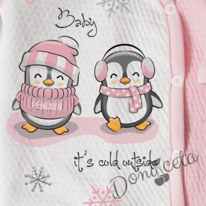 Коледен бебешки гащеризон в бяло и розово за момиче с пингвини 2