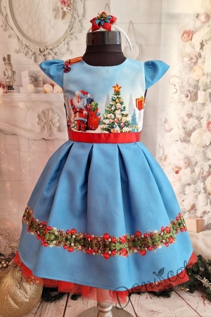 Официална детска коледна  рокля с къс ръкав с Дядо Коледа и елха