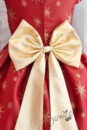 Официална детска коледна  рокля с къс ръкав в червено и златисти звезди 4