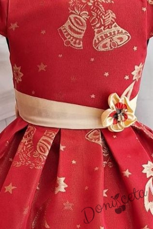 Официална детска коледна  рокля с къс ръкав в червено и златисти коледни оранменти 2