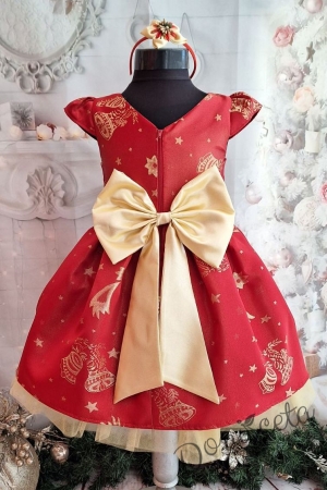 Официална детска коледна  рокля с къс ръкав в червено и златисти коледни оранменти 3