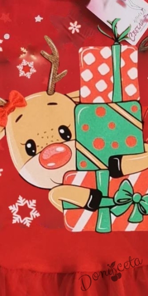 Коледна детска/бебешка рокля в червено с тюл с елен с подаръци 2