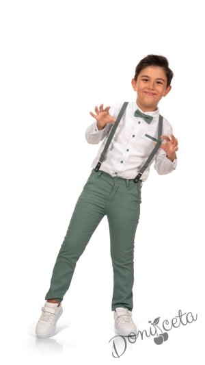 Boy's set of white long-sleeved shirt with ornaments, bow tie with suspenders and dark green trousers