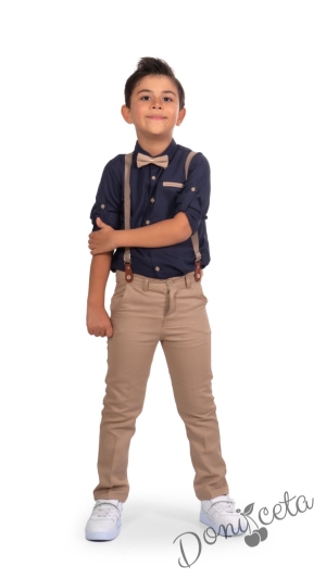 Комплект за момче от риза в черно, папийонка, тиранти и панталони в бежово