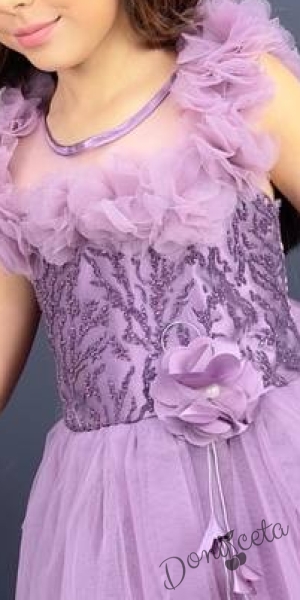 Официална детска дълга рокля в лилаво с тюл без ръкав с дантела Леа 3