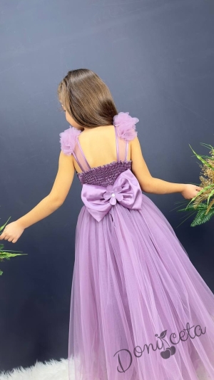 Официална детска дълга рокля в лилаво с тюл без ръкав с дантела Леа 4
