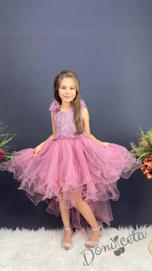 Официална детска дълга рокля в розово с тюл без ръкав с дантела Леа с шлейф