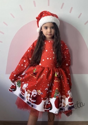Коледна детска рокля с дълъг ръкав в червено с коледна шапка