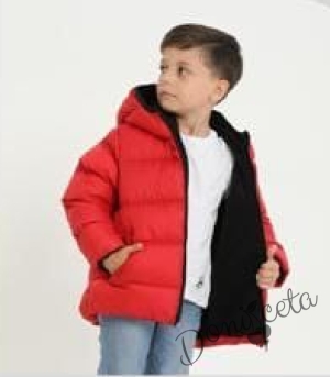Детско зимно яке за момче в  червено с качулка