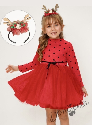 Детска рокля в червено с дълъг ръкав  на точки и тюл пола 2