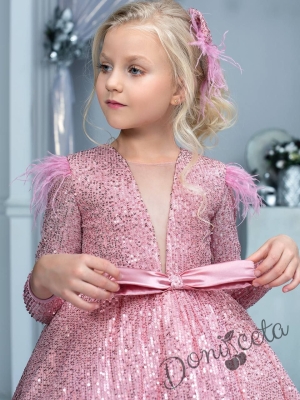 Официална детска рокля с дълъг ръкав в розово Кристалина 3