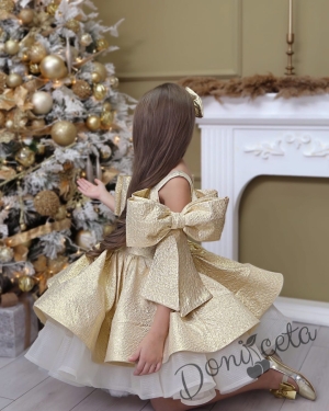 Официална детска рокля от богат тюл без ръкав в  златисто и панделка за коса