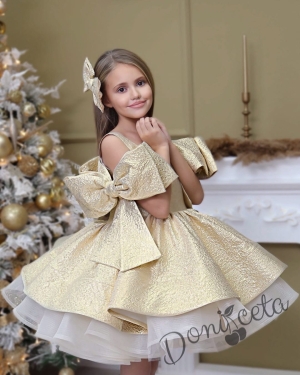 Официална детска рокля от богат тюл без ръкав в  златисто и панделка за коса