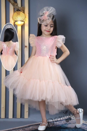 Официална детска рокля в прасковено с тюл и пайети Роса 1