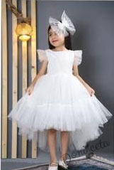 Официална детска рокля в бяло с тюл и пайети Роса с панделка за коса