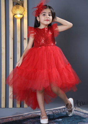 Официална детска рокля в червено с тюл и пайети Роса с панделка за коса