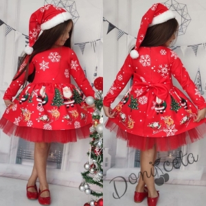 Коледна  детска рокля с дълъг ръкав в червено с коледна шапка