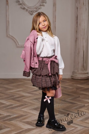 Комплект от 4 части Оле за момиче в розово. блуза в бяло с дълъг ръкав, пола и яке 