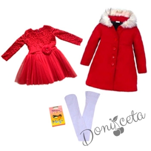 Комплект от 3 части рокля с дантела и палто в червено и чорапогащник в бяло