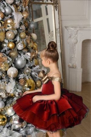 Официална детска коледна рокля от богат тюл и сатен без ръкав в червено със златиста панделка и фиба за коса 2