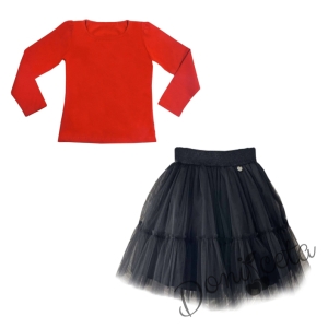 Комплект от пола в черно Контраст и блуза в червено с дълъг ръкав