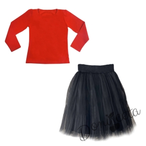 Комплект от пола в черно Касиди и блуза в червено с дълъг ръкав