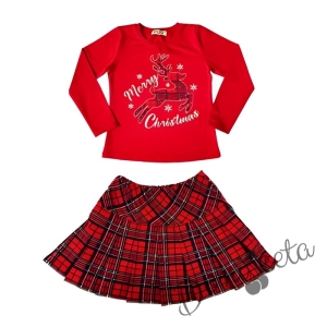 Детски коледен комплект за момиче от пола каре и червена блуза с елен